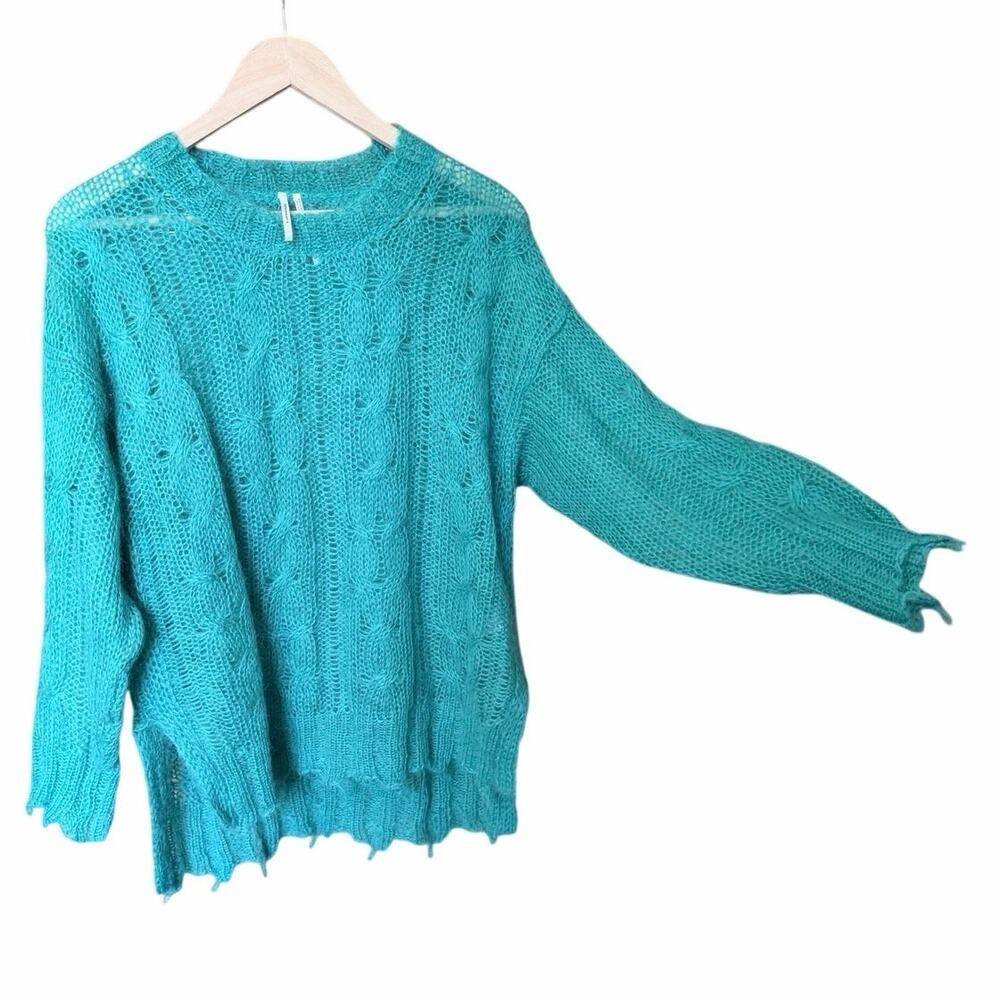 By Anthropologie teal blue open knit sweater small made in Italy wool blend cozy